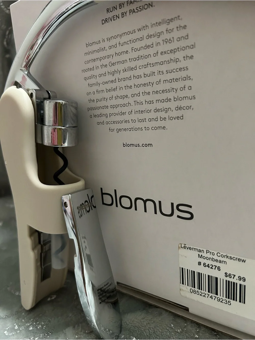 NWT Blomus, 6”, Cream Lever Wine Bottle Opener with Corkscrew